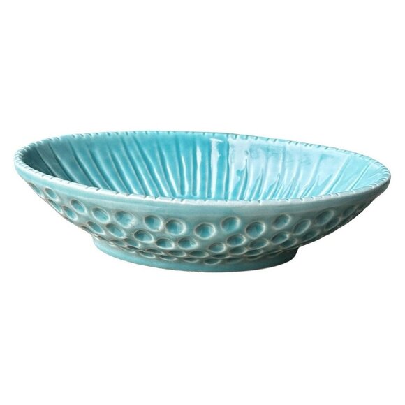 Majoliche Jessica Ceramic Oval Bowl Turquoise Dimpled Rib Art Deco Italy 8.75" - Picture 3 of 10